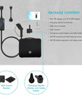 Level 2 EV Charger package with NEMA outlets, charging unit, adapters, wall mount bracket, cable holder, shown contents.