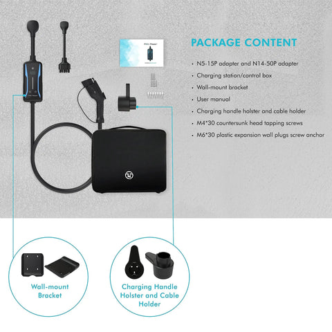 Level 2 EV Charger package with NEMA outlets, charging unit, adapters, wall mount bracket, cable holder, shown contents.