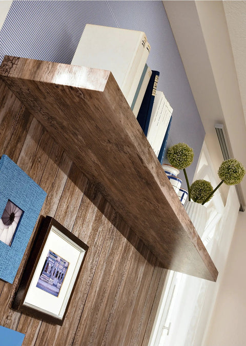 Rustic Wood Self-Adhesive Film Peel-And-Stick Wrap on shelf and wall for a vintage look