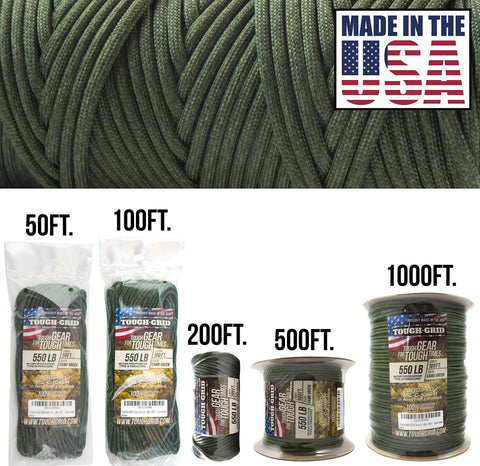 Hardcore 550 Paracord Rope Nylon Parachute Cord For Survival Gear And Outdoor Adventures Made In USA Mil Spec Type III Tactical Emergency Supplies Ready For Anything displayed in multiple lengths ranging from 50ft to 1000ft.