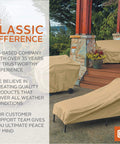 Two patio benches covered with Terrazzo Water-Resistant 58 Inch Patio Bench Cover For Outdoor Loveseat Fits 58W By 32.5D By 31H All Weather Protection.