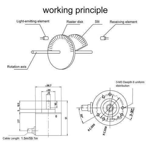 Technical diagram of Photoelectric Encoder ABZ Three Phase Incremental Rotary Encoder 24V DC5 Solid Shaft.