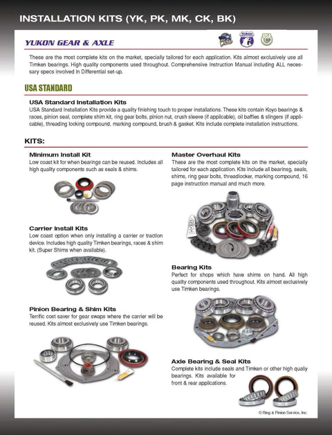 Installation kits overview featuring Yukon Gear & Axle products including bearings, seals, shims for various vehicle applications.