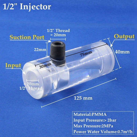 Transparent PMMA Acrylic Water Injector For Irrigation Systems Venturi Fertilizer Mixer with measurements and ports labeled