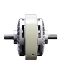 Dual axle magnetic particle clutch and powder brake, front view, with adjustable torque control, 100Nm range, 24V operation.