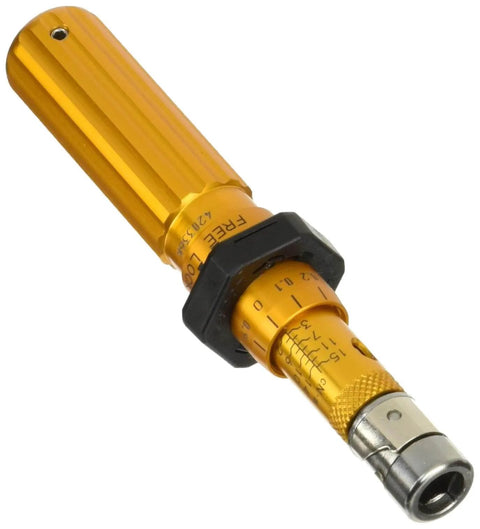 Pro Grade Adjustable Torque Screwdriver 2 To 15 cNm with lock ring and rotary slip mechanism, gold handle, side view