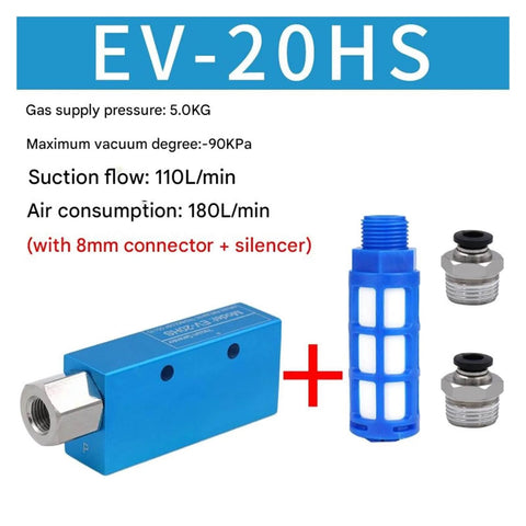 EV-20HS 8mm vacuum generator with blue air ejector, connectors, and silencer for industrial use, Beefed-Up Vacuum Generator With Suction Cup And Negative Pressure Control Valve For Precise Hold And Boss-Level Versatile Use, Air Ejector EV-20HS 8mm, Adjustable Tension, Ideal For Industrial Lab Woodworking And DIY Projects.