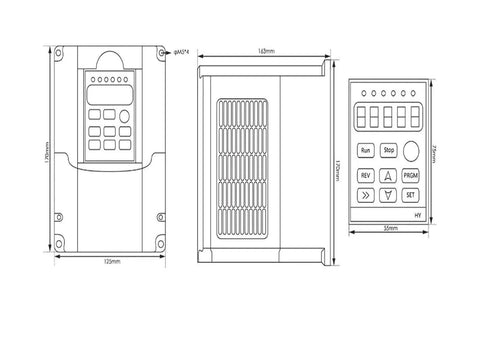 Technical drawing of a 220V frequency drive for 1.5kW CNC spindle with control panel layout, dimensions shown.