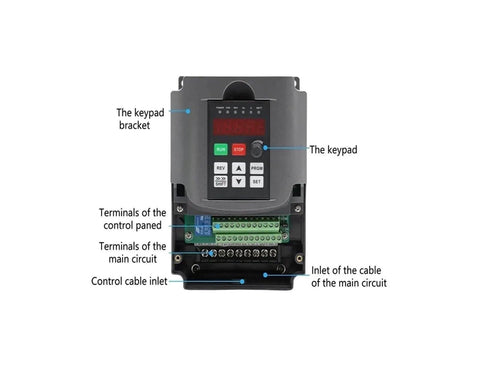 220V frequency drive for 1.5kW CNC spindle, showing keypad and circuit terminals