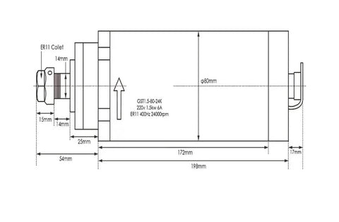 Technical diagram of 1.5kW CNC Spindle, Air Cooled, With 80mm ER11 Tool Holder, 4 Bearing Assembly, dimensions labeled in millimeters.