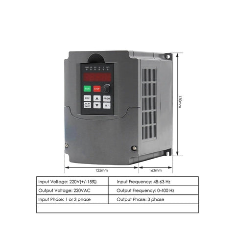 220V frequency drive for 1.5kW CNC spindle, air cooled, with 80mm ER11 tool holder, 4 bearing assembly, dimensions displayed
