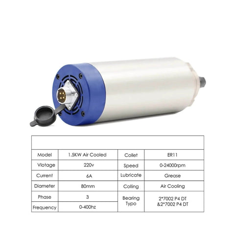 1.5kW CNC Spindle, Air Cooled, With 80mm ER11 Tool Holder, 4 Bearing Assembly, 80mm Mount, 220V Frequency Drive