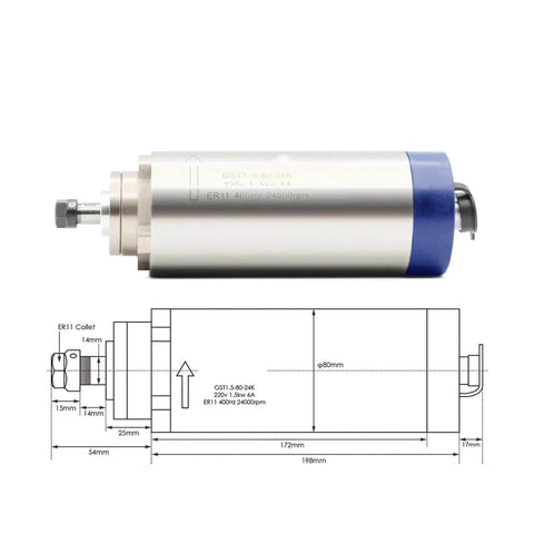 1.5kW CNC Spindle, Air Cooled, With 80mm ER11 Tool Holder, 4 Bearing Assembly, 80mm Mount, 220V Frequency Drive