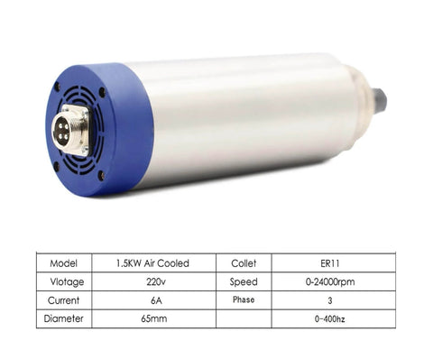 Air Cooled Spindle 1.5kW ER11 220V for CNC Milling shown with connector and specifications table