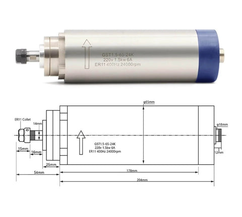 Air Cooled Spindle 1.5kW ER11 220V for CNC Milling with Four Bearings, product dimensions and diagram view