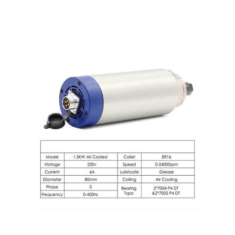Air Cooled Spindle Kit 1.5kW ER16, 80mm Shaft, Four P4 Bearings, 0.01mm Runout, Frequency Drive Included; high speed CNC use