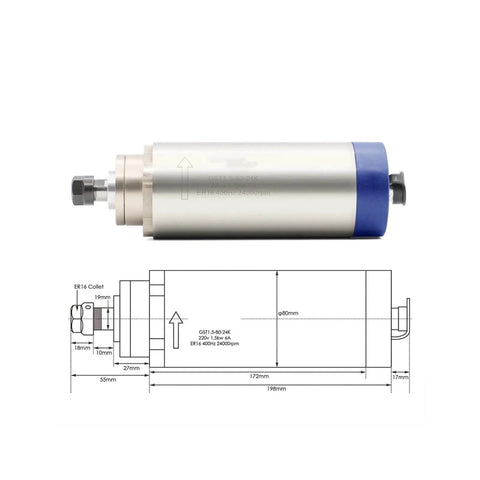 Air Cooled Spindle Kit 1.5kW ER16, 80mm Shaft, Four P4 Bearings, 0.01mm Runout, Frequency Drive Included with technical diagram