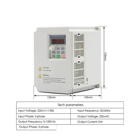 220V inverter for Air Cooled Spindle With Ceramic Bearings 4 Bearings 2.2kW ER25 CNC Spindle Kit with technical parameters displayed