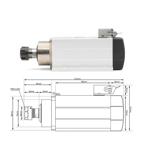 Side view of Air Cooled Spindle With Ceramic Bearings 4 Bearings 220V 2.2kW ER25 CNC Spindle Kit Inverter Included specifications