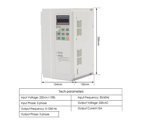 3.7kW VFD Inverter for Air Cooled CNC Spindle With Four Ceramic Ball Bearings 3.5kW ER25 Tooling, front view, 380V, 3-phase.