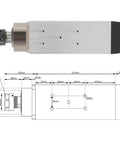 Top view of Air Cooled CNC Spindle With Four Ceramic Ball Bearings 3.5kW ER25 Tooling and diagram with dimensions, 380V VFD Inverter