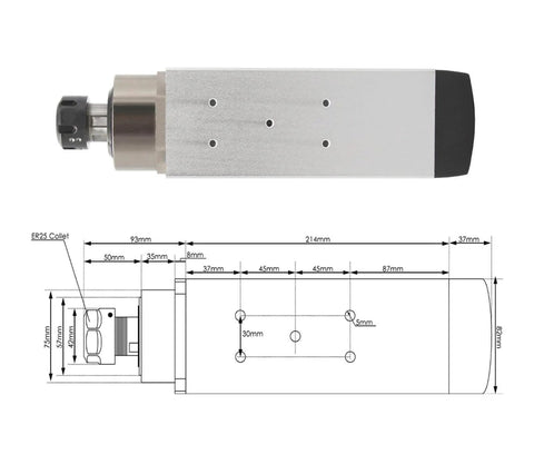 Top view of Air Cooled CNC Spindle With Four Ceramic Ball Bearings 3.5kW ER25 Tooling and diagram with dimensions, 380V VFD Inverter