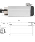Air Cooled CNC Spindle With Four Ceramic Ball Bearings 3.5kW ER25 Tooling Includes 3.7kW VFD Inverter 380V with technical dimensions