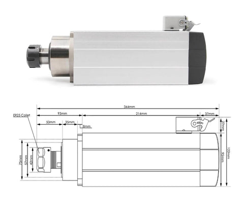 Air Cooled CNC Spindle With Four Ceramic Ball Bearings 3.5kW ER25 Tooling Includes 3.7kW VFD Inverter 380V with technical dimensions