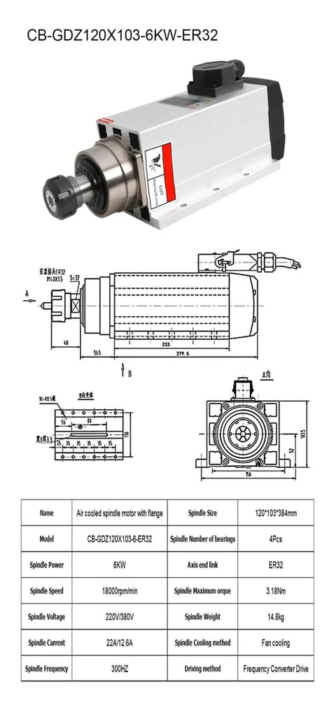Air Cooled CNC Spindle Motor Kit 1.5KW 2.2KW 3.5KW 6KW Range 220V Or 380V 24000 RPM ER32 120x103mm Four Bearings diagram and specs