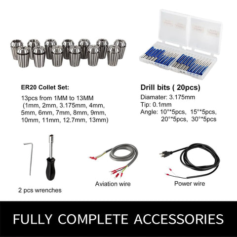 Image showing ER20 collet set, drill bits, aviation wire, power wire, and wrenches for Air Cooled CNC Spindle Kit 220V 2.2KW Spindle Motor