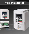 VFD inverter for Air Cooled CNC Spindle Kit 220V 2.2KW Spindle Motor with 2.2KW VFD ER20 Collets, showing controls and terminals.