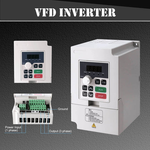 VFD inverter for Air Cooled CNC Spindle Kit 220V 2.2KW Spindle Motor with 2.2KW VFD ER20 Collets, showing controls and terminals.