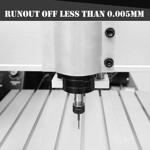 Close-up of Air Cooled CNC Spindle Kit 220V 2.2KW Spindle Motor with 2.2KW VFD ER20 Collets on CNC machine showing drill bit precision.