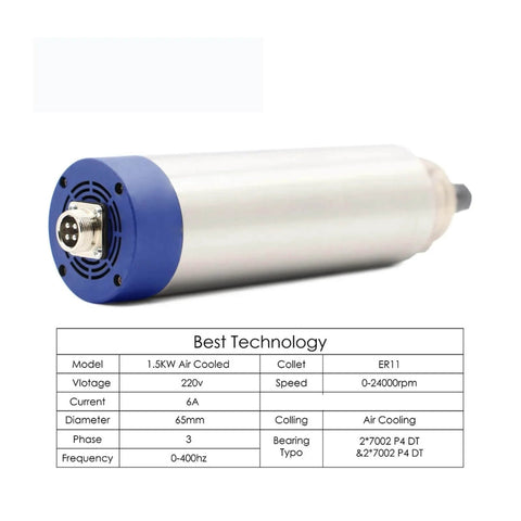 Powerful 1.5 kW ER11 Air Cooled Spindle Motor For CNC Machines With 1.5 kW Inverter VFD 65mm Aluminum Bracket