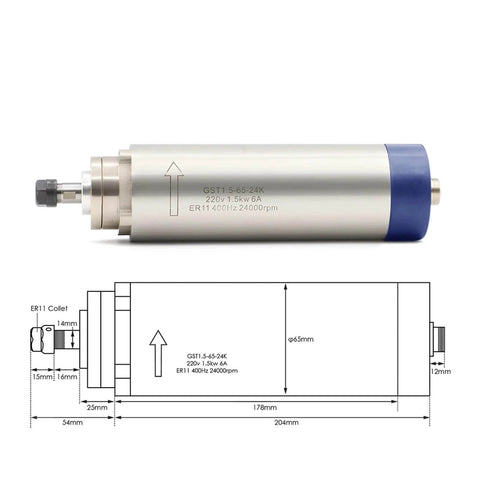 Powerful 1.5 kW ER11 Air Cooled Spindle Motor For CNC Machines With 1.5 kW Inverter VFD shown with measurements illustration