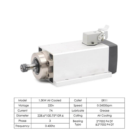 Air Cooled CNC Spindle Motor With Flange Square Mount, 1.5kW ER11, 4 Bearings, 380V, aluminum housing, side view