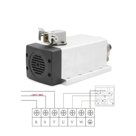 Air Cooled CNC Spindle Motor With Flange Square Mount, 1.5kW ER11, 4 Bearings, 380V shown with wiring diagram and connections