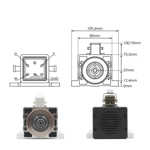 Front and rear view of Air Cooled CNC Spindle Motor With Flange Square Mount, 1.5kW ER11, with technical diagram and dimensions.