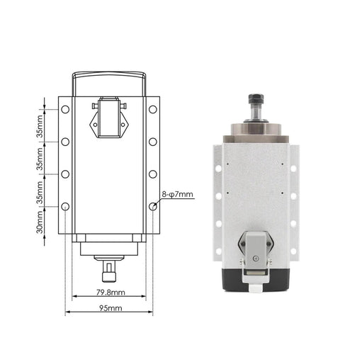 Front view of Air Cooled CNC Spindle Motor With Flange Square Mount, 1.5kW ER11, 4 Bearings, 380V aluminum housing with diagram