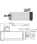 Diagram and side view of Air Cooled CNC Spindle Motor With Flange Square Mount, 1.5kW ER11, 4 Bearings, 380V, aluminum housing.