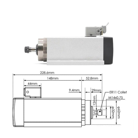 Diagram and side view of Air Cooled CNC Spindle Motor With Flange Square Mount, 1.5kW ER11, 4 Bearings, 380V, aluminum housing.