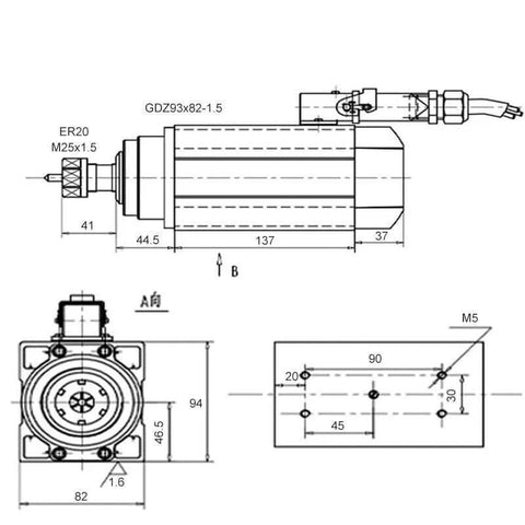 Technical drawing of Square Air Cooled CNC Spindle Motor With ER20 Chuck And Four Bearings 1.5kW 380V Inverter Speed Control