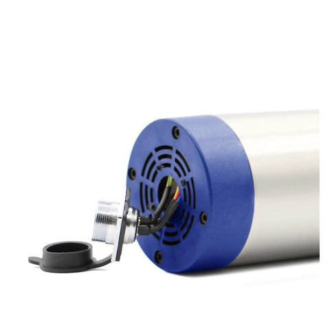 Close-up of 2.2KW ER20 Air Cooled CNC Spindle Motor with 80mm body and 4 ceramic bearings, 400Hz, 110V, for milling and engraving.