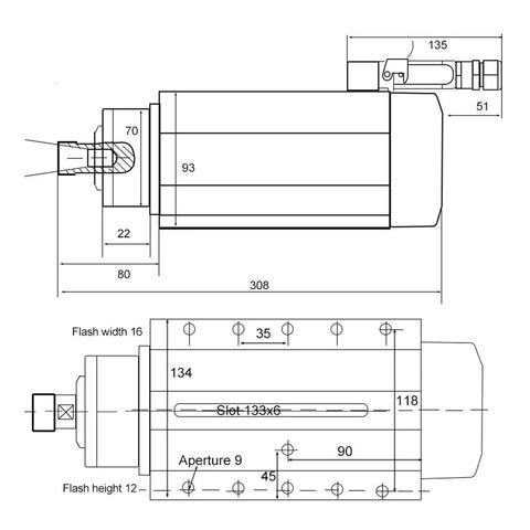 Technical drawing of Air Cooled Spindle Motor Three Point Five Kilowatt 220V Or 380V With ER20 Chuck, dimensions and structure details