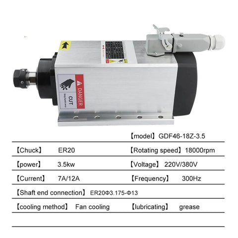 Front view of Air Cooled Spindle Motor Three Point Five Kilowatt 220V Or 380V With ER20 Chuck Four Bearing Square Flange for CNC Machining