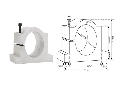 Air Cooled CNC Spindle Motor 800W 220V bracket with schematic; aluminum clamp, 65mm diameter, for mounting.