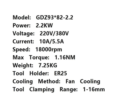 Specifications of Air Cooled Electric Spindle Motor For CNC Machines With 2.2KW, 380V AC, Model GDZ93*82-2.2, fan cooling method.