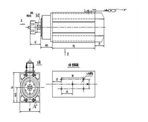 Technical drawing of Air Cooled Electric Spindle Motor For CNC Machines With 1.5, 2.2, 3.5, 4.5 And 6 Kilowatts Options, GDZ1201036 model.