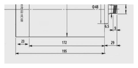 Technical drawing of 1.5kW Air Cooled CNC Spindle Motor 80mm Diameter showing dimensions, side view markings