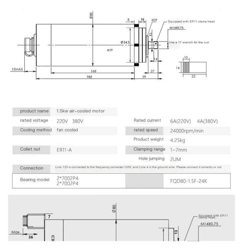 Technical diagram of 1.5kW Air Cooled CNC Spindle Motor 80mm Diameter with specifications for CNC mills and engravers.